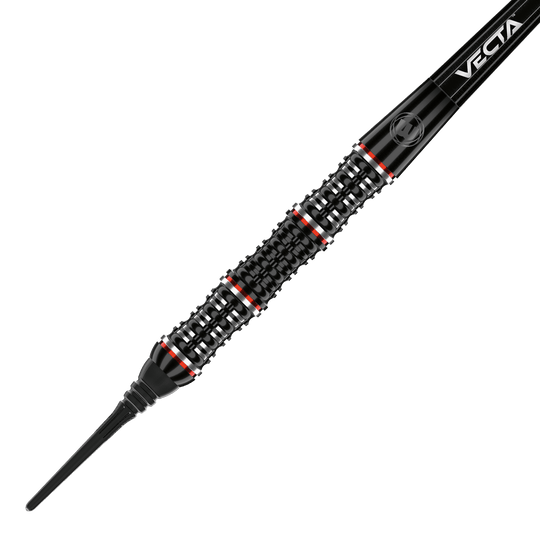 2440_Winmau_Mervyn_King_Special_Edition_Softdarts_2 Auf dem Bild ist der Winmau Mervyn King Special Edition Softdart zu sehen. Der Dartpfeil ist schwarz mit rot-weißen Akzenten und hat ein markantes, geriffeltes Griffdesign.