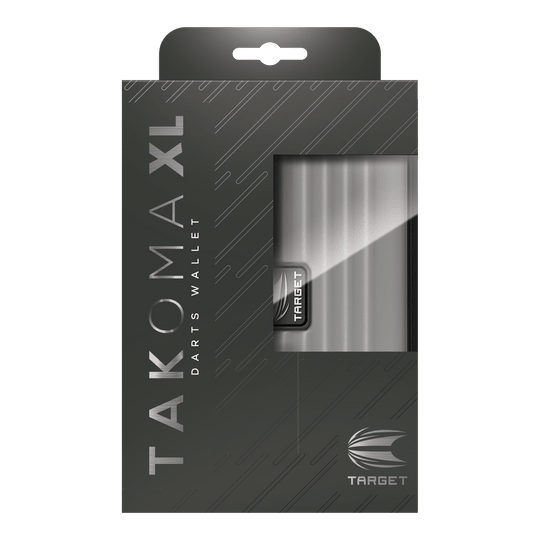 Cartera de dardos Target Takoma XL Die Abbildung zeigt eine Verpackung für ein Dart-Etui mit der Aufschrift "TAKOMA XL DARTS WALLET". Die Verpackung ist grau und bietet durch ein Sichtfenster einen Blick auf das darin enthaltene Etui.