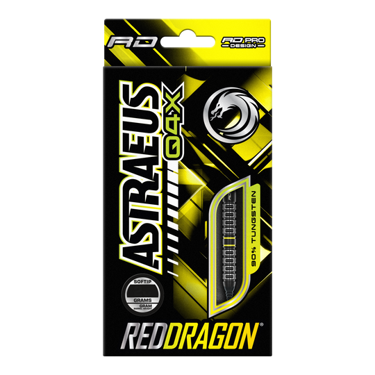 Dardos blandos paralelos Red Dragon Astraeus Q4X - 20 g Die Verpackung zeigt die Softdarts "Red Dragon Astraeus Q4X Parallel" mit einem Gewicht von 20 Gramm. Das Design ist hauptsächlich in Schwarz und Gelb gehalten und hebt hervor, dass die Darts zu 90% aus Tungsten bestehen.