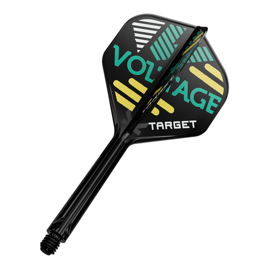 Sistema de eje de vuelo estándar Target K-Flex Rob Cross No2 Dieses Bild zeigt eine schwarze Dartflügel- und Schaftkombination. Auf dem Dartflügel stehen die Wörter "VOLTAGE" und "TARGET" in bunten Farben.