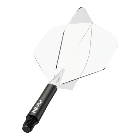 Das Bild zeigt einen Dartpfeil mit einem schwarzen Schaft und durchsichtigen Flügeln. Auf dem Schaft steht der Schriftzug "NITRO FLITE".