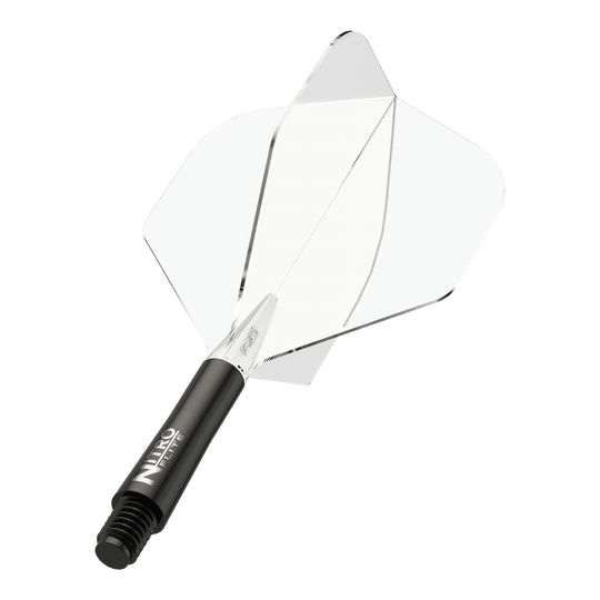 Red Dragon Nitroflite - Eje negro, plumas transparentes nº 2 Das Bild zeigt einen Dartpfeil mit einem schwarzen Schaft und durchsichtigen Flügeln. Auf dem Schaft steht der Schriftzug "NITRO FLITE".