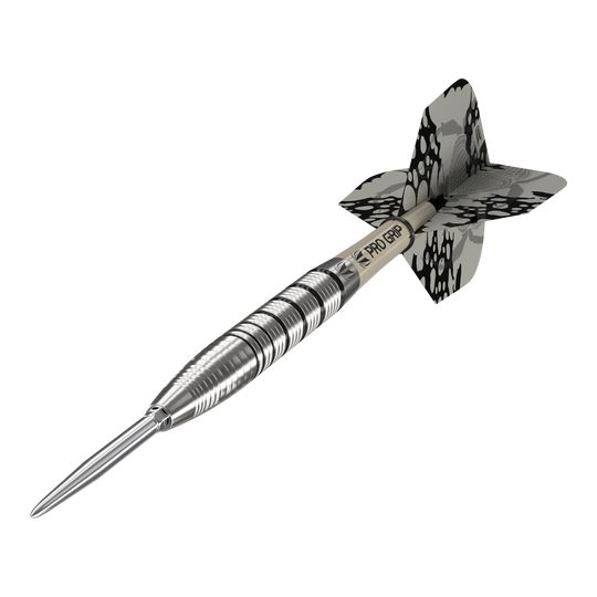 Dardos de acero Target EXO SP02 Swiss Point Das Bild zeigt den Target EXO SP02 Swiss Point Steeldart. Der Dart hat ein silbernes Griffstück mit schwarzen Akzenten und eine schwarz-gemusterte Flight.