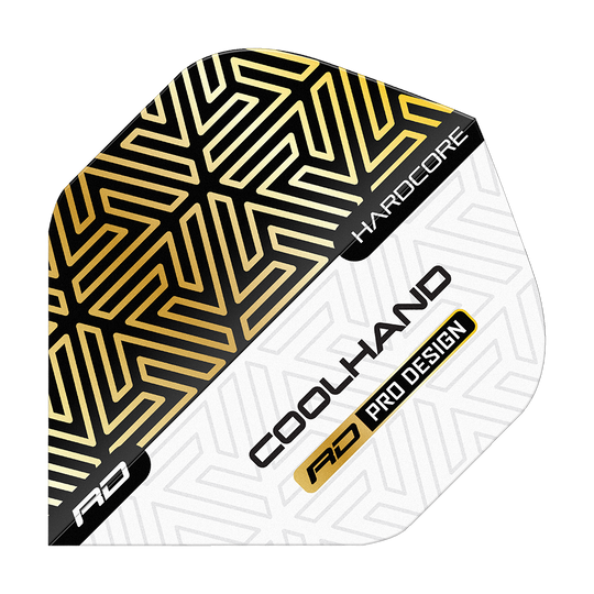 Vuelos estándar premium Red Dragon Hardcore Luke Humphries Gold White Das Bild zeigt einen Dartflight mit gold-schwarzem und weißem geometrischen Muster. Auf dem Flight stehen die Worte "HARDCORE", "COOLHAND" und "RD PRO DESIGN".