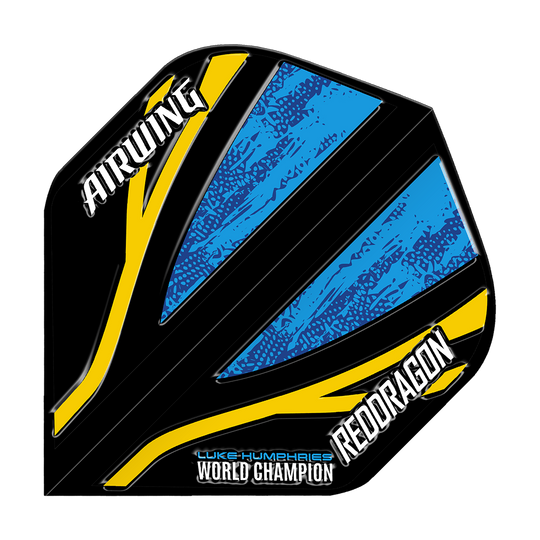 Ala Aérea Red Dragon Luke Humphries Campeón Mundial Vuelos Estándar Azul Negro Das Bild zeigt ein Dart-Flight mit schwarzem, blauem und gelbem Design. Auf dem Flight stehen die Wörter "AIRWING", "REDDRAGON" und "LUKE HUMPHRIES WORLD CHAMPION".