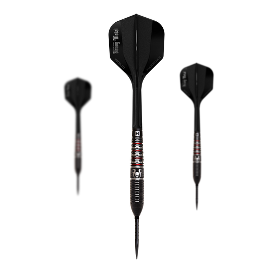 Ein Komplettset Steeldarts aus der Ryan Searle GEO QuickPoint Serie ist zu sehen. Die Darts glänzen in Silber und Grau.