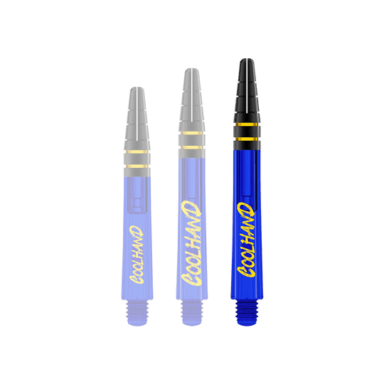 Flechas Red Dragon Nitrotech Luke Humphries Coolhand - Azul Das Bild zeigt drei blaue Dartschäfte mit der gelben Aufschrift "COOLHAND". Die Spitzen der Schäfte sind schwarz mit goldenen Ringen verziert.