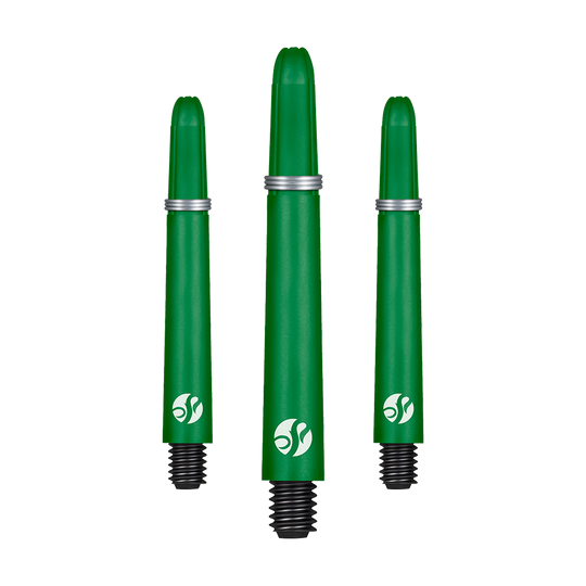 Flechas de carbono Shot Koi - Verde Das Bild zeigt Dart-Schäfte mit mattem Farbton und langer Form. Die Schäfte sind in einer Verpackung angeordnet.