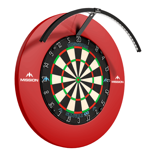 Sistema de iluminación LED Mission Torus 120 - Negro Das Foto zeigt das Mission Torus 120 LED Beleuchtungssystem in schwarzer Farbe. Das Produkt ist für eine gleichmäßige Ausleuchtung des Dartboards konzipiert.