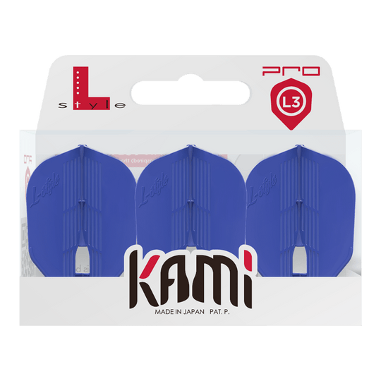 Vuelos KAMI L3PRO estilo L Das Bild zeigt eine Verpackung mit drei blauen Dart-Flights der Marke L-Style. Auf der Verpackung steht "kami" und "Made in Japan".