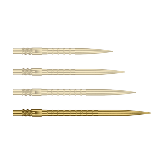 Puntas de dardos Harrows Quick Point Heavy Metal - Doradas Auf dem Bild ist eine einzelne Harrows Quick Point Heavy Metal Grip Dartspitze in Gold, 40 mm, zu sehen. Die Spitze liegt im Fokus vor hellem Hintergrund.