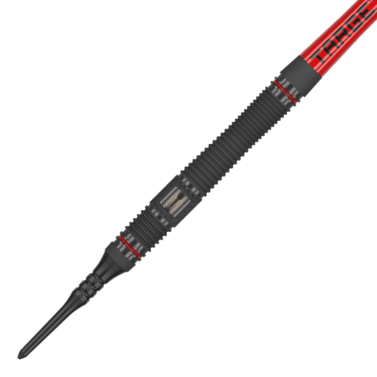 Dardos blandos Target Scope 11 Das Bild zeigt einen Target Scope 11 Softdart. Der Dartpfeil ist überwiegend schwarz mit roten Akzenten und einer geriffelten Oberfläche für besseren Halt.