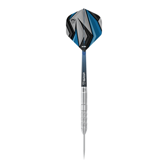 Dardos de acero Bulls Stone S2 Das Bild zeigt einen Bulls Stone S2 Steeldart mit silbernem Schaft und spitzer Metallspitze. Die Flights sind in Blau, Schwarz und Grau mit einem modernen, geometrischen Muster gestaltet.