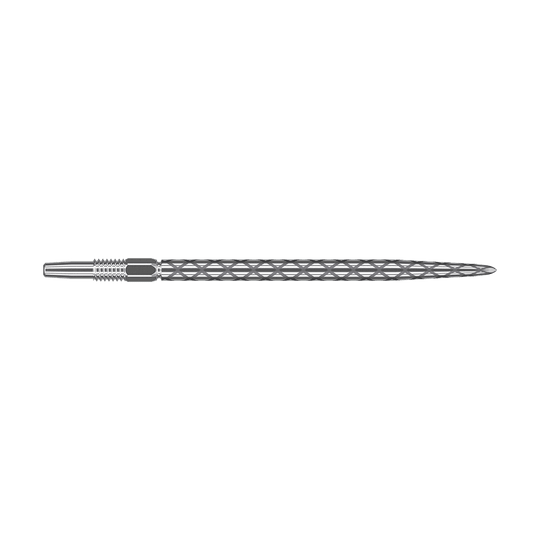 Puntas de dardos Target Swiss Diamond Pro Silver Points Das Bild zeigt eine silberne Dartspitze mit einem rautenförmigen Muster auf der Oberfläche. Sie ist lang und schmal gestaltet und besitzt ein Schraubgewinde am hinteren Ende.