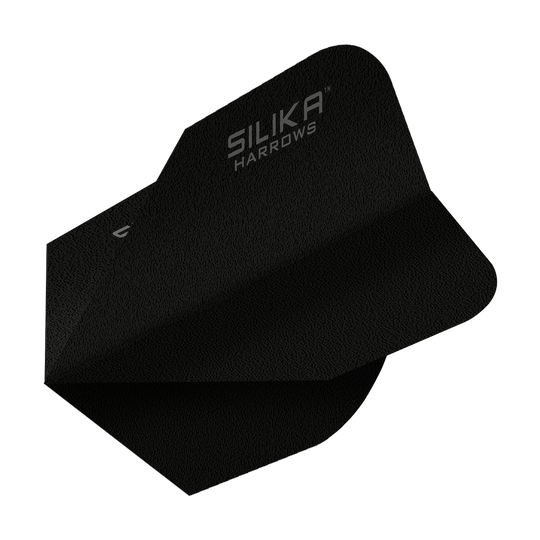Vuelo negro No6 con revestimiento cristalino resistente sólido de sílice de Harrows Das Bild zeigt ein schwarzes Dartflight mit der Aufschrift "SILIKA HARROWS". Es handelt sich um das Modell "Harrows Silika Solid Tough Crystalline Coating Black No6 Flight".