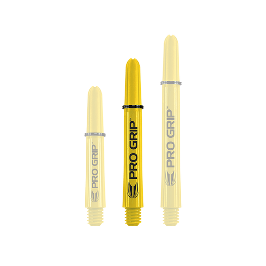 Varillas Target Pro Grip - 3 juegos - Amarillo Auf dem Bild sind drei gelbe Dart-Schäfte der Marke "Pro Grip" in verschiedenen Längen zu sehen. Sie stehen aufrecht nebeneinander vor weißem Hintergrund.