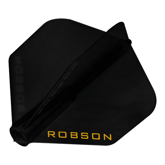 Robson Plus Vuelos - NO6 Das Bild zeigt einen schwarzen Dartflug. Auf dem Flug steht in gelber Schrift das Wort "ROBSON".