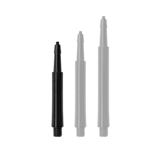 HRC12633_Harrows_Clic_Standard_Shafts_Schwarz_23mm_1DyyczFooaDhYX Das Bild zeigt drei schwarze Harrows Clic Standard Shafts in unterschiedlichen Längen. Sie werden als Zubehörteile für Dartpfeile verwendet.