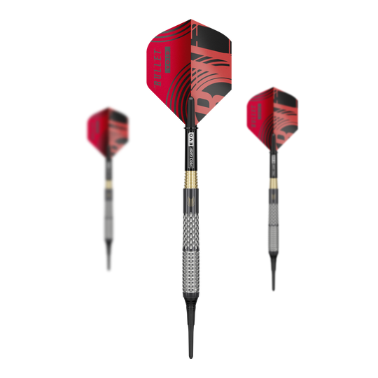 Dardos blandos Target Stephen Bunting GEN5 Void - 18 g Ein Set Target Stephen Bunting GEN5 Void Softdarts - 18g ist abgebildet. Auf dem Bild sieht man alle Bestandteile des Dartsets.