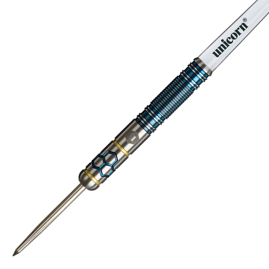 Dardos de acero Unicorn Hexium Style 02 azules y dorados Hier sind die Unicorn Hexium Style 02 Blue & Gold Steeldarts zu sehen. Das Produkt überzeugt durch sein modernes Design.