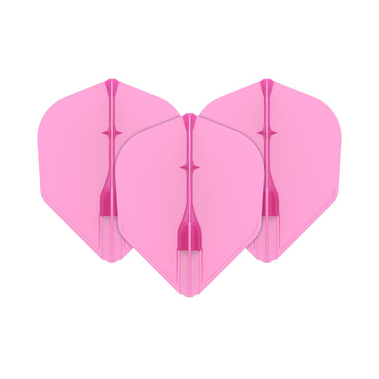 Vuelos L-L-Style3EZ Das Bild zeigt drei pinke Dartflights, die nebeneinander angeordnet sind. Sie haben eine standardisierte, rautenähnliche Form und sind einheitlich gefärbt.