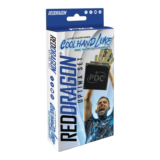 Paquete de accesorios Optima de Luke Humphries del Red Dragon Die Verpackung zeigt das Produkt "Red Dragon Luke Humphries Optima Zubehör Pack". Auf der Vorderseite ist ein jubelnder Luke Humphries und ein Pokal abgebildet.