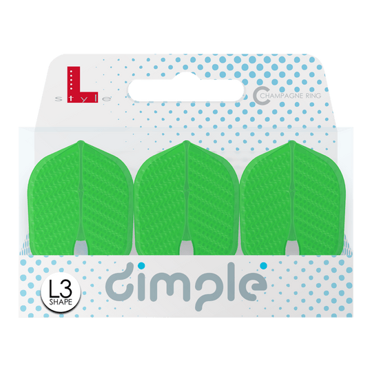 Die Abbildung zeigt eine Packung mit drei grünen Dart-Flights der Marke "L-Style" im L3PRO Dimple Shape. Die Verpackung ist weiß mit blauen Punkten und der Aufschrift "dimple".