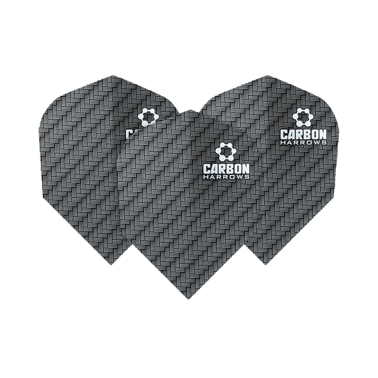 HR51_Harows_Carbon_No6_Flights_Grau_11lMcTDDdTAiPo Das Bild zeigt die Harrows Carbon Flights HR51 mit einem schwarzen Karbonmuster. Auf den Flights steht der Schriftzug „CARBON HARROWS“.