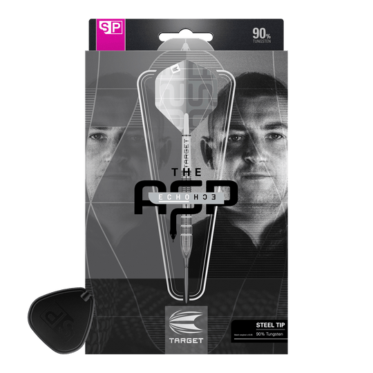 Dardos de acero Target Nathan Aspinall X Echo Swiss Point Die Verpackung zeigt die Target Nathan Aspinall X Echo Swiss Point Steeldarts. Auf der Vorderseite sind ein Dartpfeil und das Porträt eines Mannes zu sehen.
