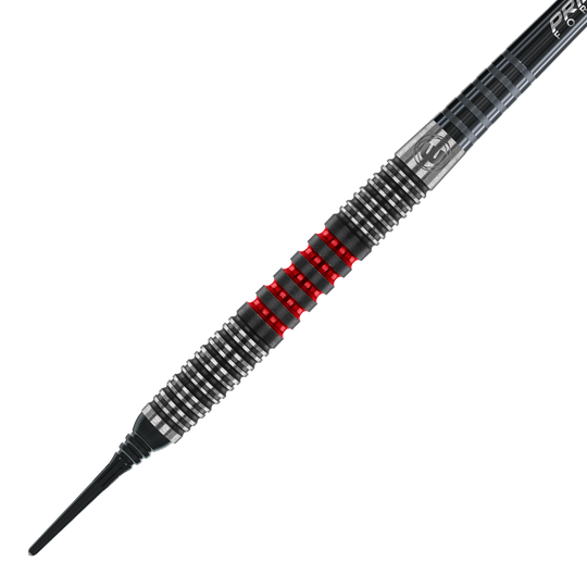 2443_Winmau_Joe_Cullen_90_Softdarts_2 Das Bild zeigt einen Winmau Joe Cullen Softdart. Der Dart hat ein schwarz-silbernes Design mit auffälligen roten Ringen in der Mitte.