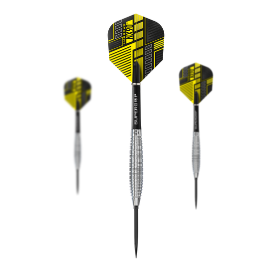 Dardos de acero de punta rápida Harrows NX90 Bomb Das Bild zeigt das Set Harrows NX90 Bomb Quick Point Steeldarts. Es handelt sich um spezielle Steeldarts für das Präzisionsspiel.