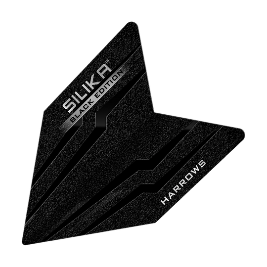 Vuelos Harrows Silika Black Edition Velos Das Bild zeigt ein schwarzes Dartflight mit dem Namen "Harrows Silika Black-Edition Velos Flights". Auf dem Flight stehen die Wörter "SILIKA BLACK EDITION" und "HARROWS" in weißen Buchstaben.