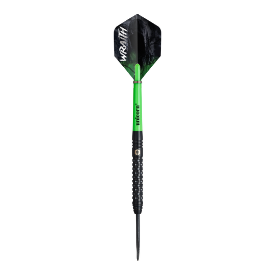 dardos de acero Unicorn Wraith Das Bild zeigt einen Steeldart namens "Unicorn Wraith". Der Dart hat einen grünen Schaft, einen schwarzen Griff und eine schwarze Flight mit der weißen Aufschrift „WRAITH“.