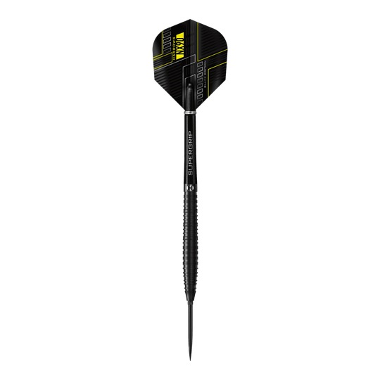 Dardos de acero de punta rápida cónica Harrows NX90 Black Edition Das Bild zeigt die Harrows NX90 Black Edition Tapered Quick Point Steeldarts. Abgebildet ist das Produkt aus nächster Nähe.