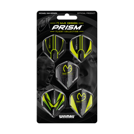 8122_Winmau_MvG_Prism_Flight_Collection_1 Das Bild zeigt die Winmau MvG Prism Flight Collection, ein Set von Dartflights. Die Verpackung ist schwarz mit gelben und grünen Akzenten und zeigt das MvG-Logo sowie Bilder eines Dartspielers.
