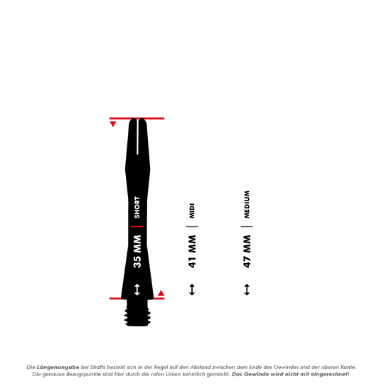 HR366_Harrows_Keramic_Shafts_5_35mm87YK1ve7QrOo3 Das Bild zeigt drei verschiedene Längen der Harrows Keramic Shafts - White: 35 mm (Short), 41 mm (Midi) und 47 mm (Medium). Die Längenangaben beziehen sich auf den Abstand zwischen dem Ende des Gewindes und der oberen Kante.