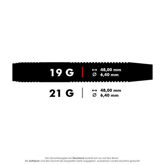 Karella Daniel Klose dardos suaves Das Bild zeigt die Maße und Gewichte von Softdarts in den Varianten 19g und 21g. Beide Darts sind 48,00 mm lang und haben einen Durchmesser von 6,40 mm.