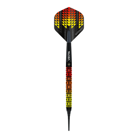 Dardos blandos paralelos Winmau Firestorm Flame - 20 g Das Bild zeigt einen Winmau Firestorm Flame Parallel Softdart mit einem Gewicht von 20g. Der Dart hat ein auffälliges Design mit gelben, orangefarbenen und roten Flammenmustern.