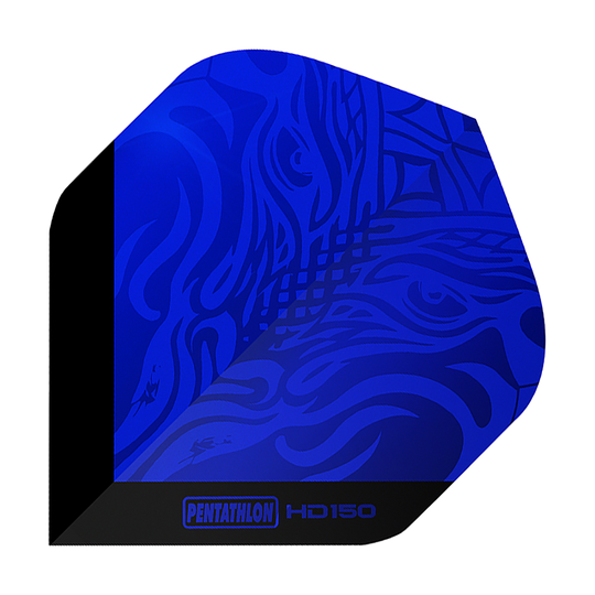 Vuelos estándar Pentathlon HD150 azul metalizado Das Bild zeigt ein Dartflight in metallisch blau mit künstlerischem Muster. Unten steht der Schriftzug „PENTATHLON HD150“.