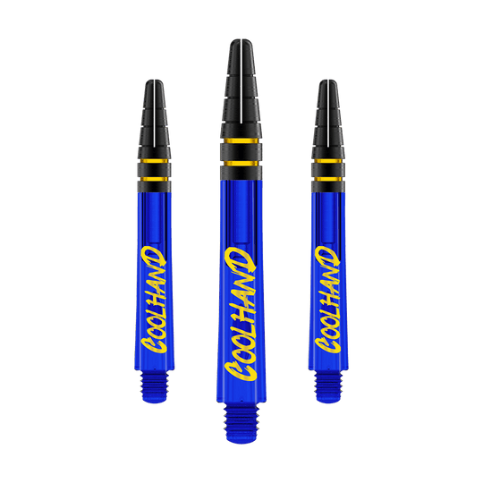 Das Bild zeigt drei blaue Dartschäfte mit der gelben Aufschrift "COOLHAND". Die Schäfte haben schwarze und goldene Ringe am oberen Ende.