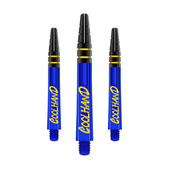 Flechas Red Dragon Nitrotech Luke Humphries Coolhand - Azul Das Bild zeigt drei blaue Dartschäfte mit der gelben Aufschrift "COOLHAND". Die Schäfte haben schwarze und goldene Ringe am oberen Ende.