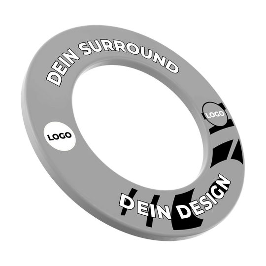 Marco de diana con tu diseño Ein Dartboard-Surround in Grau ist abgebildet. Es ist mit individuellem Druck versehen.