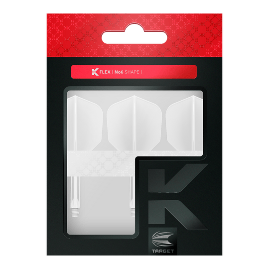 Sistema de vuelo Target K-Flex No6 - Blanco Das Bild zeigt eine Verpackung mit drei weißen Dartflights und Schäften. Die Verpackung ist überwiegend schwarz mit einem roten Bereich oben und der Aufschrift "K FLEX | No6 SHAPE".