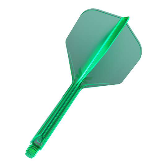 Sistema de vuelo Target K-Flex No6 - Verde Das Bild zeigt einen grünen Dart-Flügel mit Schaft. Er ist transparent und hat eine Schraubverbindung am unteren Ende.