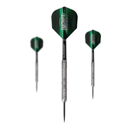 Dardos de acero de impacto Harrows Dieses Bild präsentiert ein Set Harrows Impact Steeldarts. Das Set umfasst mehrere Darts für Steeldartspiele.