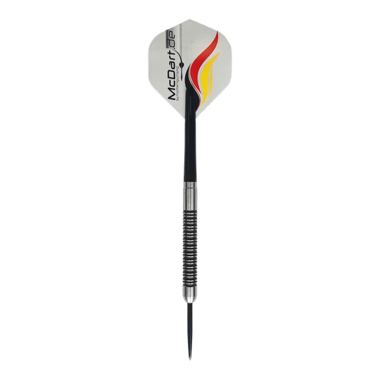 Dardos de acero McDart Super Grip Drei McDart Super Grip Steeldarts sind parallel angeordnet. Die silbernen Darts haben ein markantes Griffmuster.