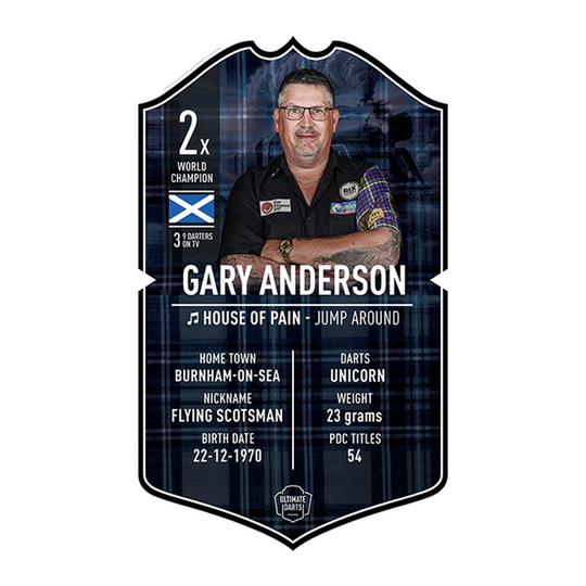 Tarjeta de dardos definitiva - Gary Anderson Ultimate Darts Card - Gary Anderson ist abgebildet. Die Karte zeigt ein Produkt für Dart-Fans.