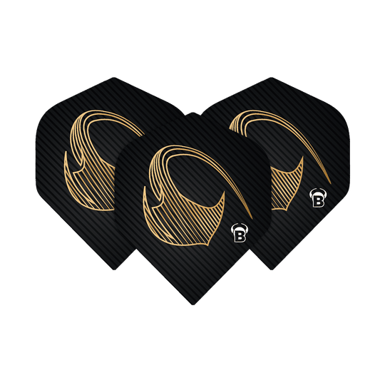 Vuelos estándar Bulls Metrixx Stingray No2 Das Bild zeigt drei schwarze Dart-Flights mit einem goldenen Muster und dem Buchstaben "B" in der Ecke. Es handelt sich um die Bulls Metrixx Stingray No2 Standard Flights.