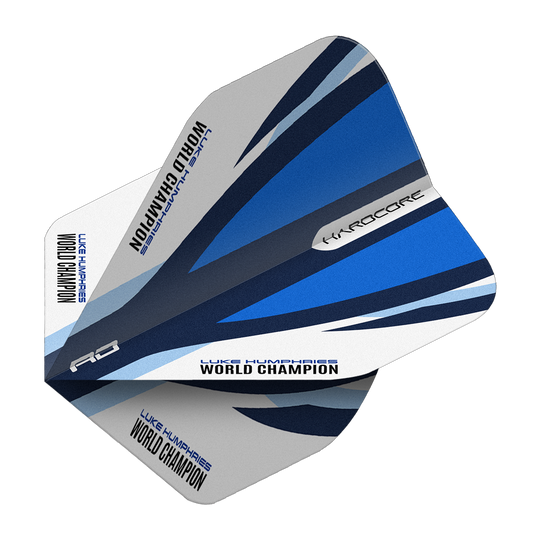 Vuelos estándar Red Dragon Hardcore Luke Humphries Azul Blanco Das Bild zeigt die Red Dragon Hardcore Luke Humphries Blue White Standard Flights. Die Dartflights haben ein blau-weißes Design und den Aufdruck "Luke Humphries World Champion".
