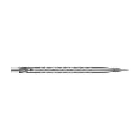 Puntas de dardos Harrows Quick Point Micro Ridge - Plateadas Abgebildet sind silberne Harrows Quick Point MicroRidge Dartspitzen mit einer Länge von 40 mm. Die Spitzen liegen nebeneinander auf dem Bild.